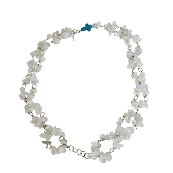 14k Gold Plated Turquoise Cross Opalite Crystal Cluster Necklace - Picture 3 of 3